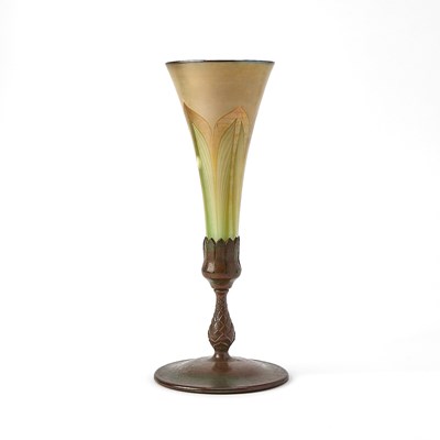 Lot 232 - Tiffany Studios Bronze and Iridescent Favrile Glass Trumpet Vase