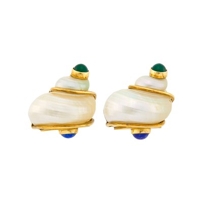 Lot 1208 - Seamen Schepps Pair of Gold, Shell, Green Onyx and Lapis Earclips