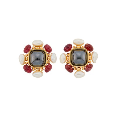Lot 1214 - Pair of Gold, Hematite, Garnet Bead and Baroque Freshwater Pearl Earclips