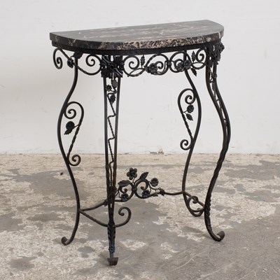Lot 38 - Black-Painted Metal Marble Top Demilune Table