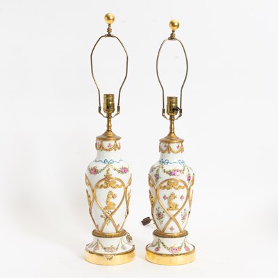 Lot 1 - Pair of Glazed Painted Porcelain Gilt Metal Mounted Lamps