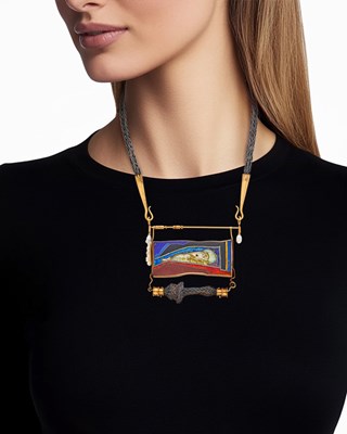 Lot 144 - William Harper Gold, Silver, Copper, Cloissoné Enamel and Baroque Freshwater Pearl Pendant-Necklace