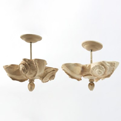 Lot 249 - Pair of Frances Elkins Style Plaster Shell-Form Three-Light Chandeliers