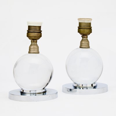 Lot 248 - Pair of Jaques Adnet Style Baccarat Glass and Chromed Metal Lamps