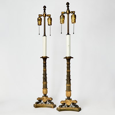 Lot 250 - Pair of Charles X Style Gilt and Patinated Bronze Candlestick Lamps