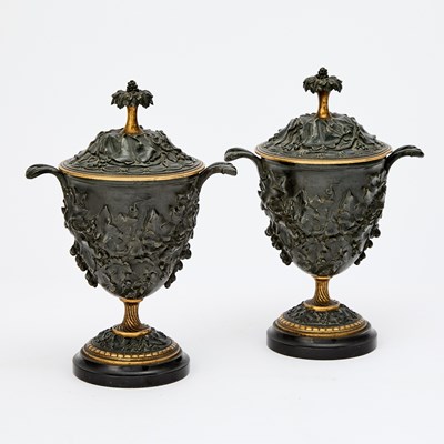 Lot 203 - Pair of Italian Neoclassical Style Gilt and Patinated Bronze Covered Urns
