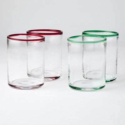 Lot 105 - Set of Twenty Three Italian Murano Green and Red Rimmed Glass Tumblers