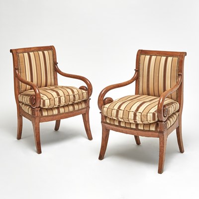 Lot 216 - Pair of Empire Upholstered Carved Fruitwood Armchairs