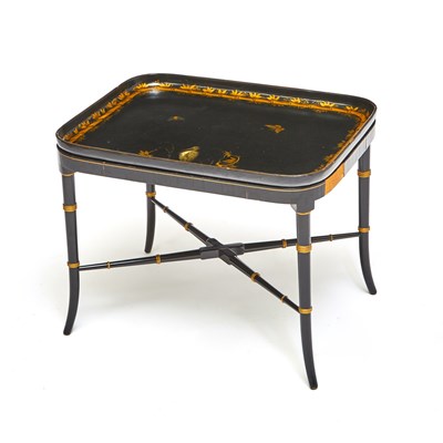 Lot 213 - Victorian Gilt and Black Lacquered Papier Mâché Tray on Later Stand