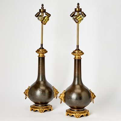 Lot 245 - Pair of Gilt-Bronze-Mounted Patinated Metal Lamps