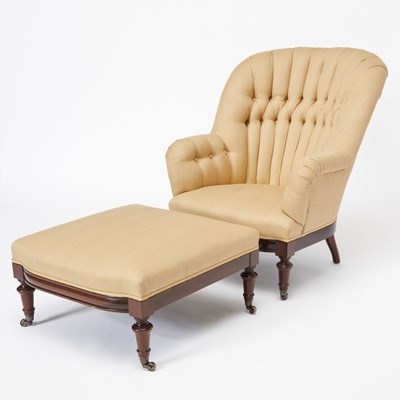 Lot 211 - Victorian Style Button-Tufted Upholstered Mahogany Club Chair and Ottoman