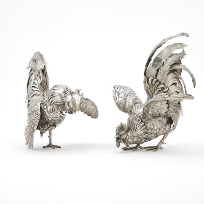 Lot 59 - Pair of Continental Silver Figures of Fighting Cocks