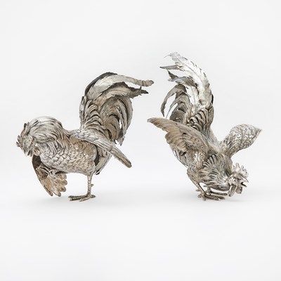 Lot 59 - Pair of Continental Silver Figures of Fighting Cocks