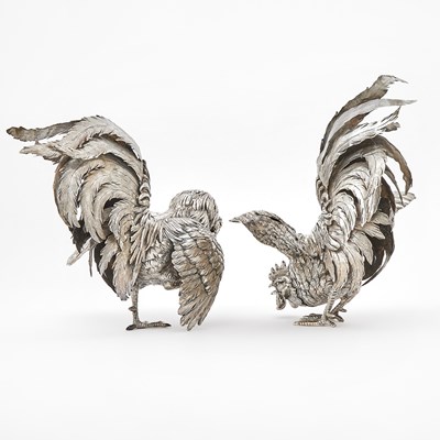 Lot 59 - Pair of Continental Silver Figures of Fighting Cocks