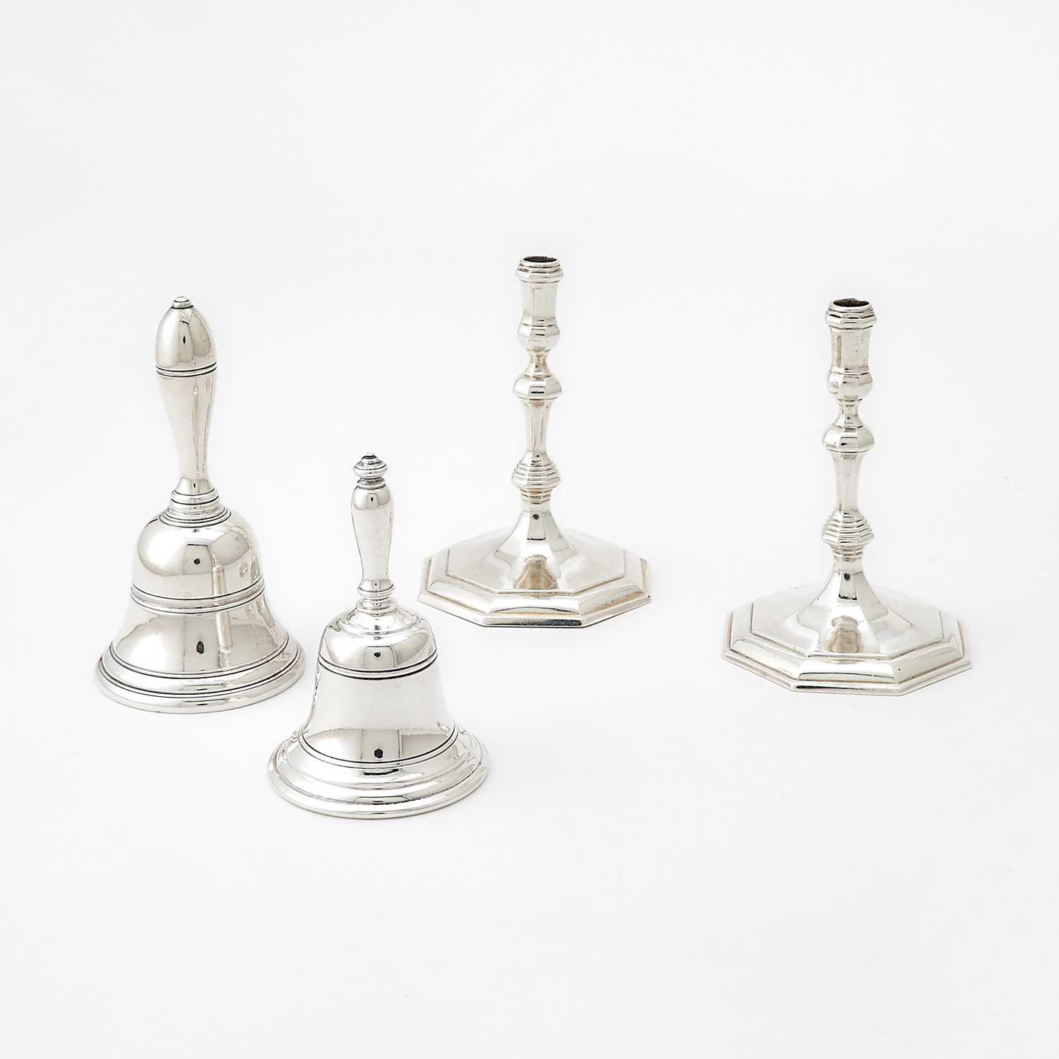 Lot 63 - Pair of English Sterling Silver Tapersticks and Two Tiffany & Co. Sterling Silver Table Bells