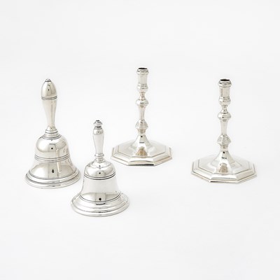 Lot 63 - Pair of English Sterling Silver Tapersticks and Two Tiffany & Co. Sterling Silver Table Bells