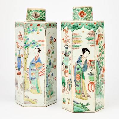 Lot 79 - Pair of Chinese Famille Verte Hexagonal Jars and Covers