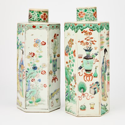 Lot 79 - Pair of Chinese Famille Verte Hexagonal Jars and Covers