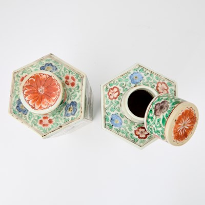 Lot 79 - Pair of Chinese Famille Verte Hexagonal Jars and Covers