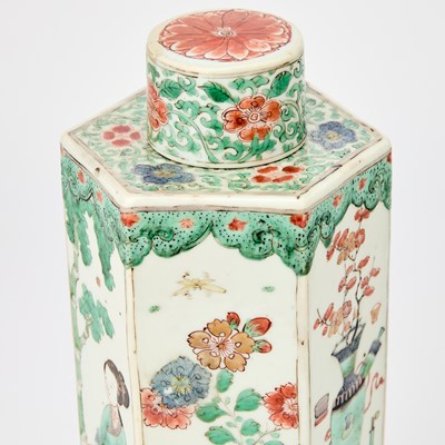 Lot 79 - Pair of Chinese Famille Verte Hexagonal Jars and Covers