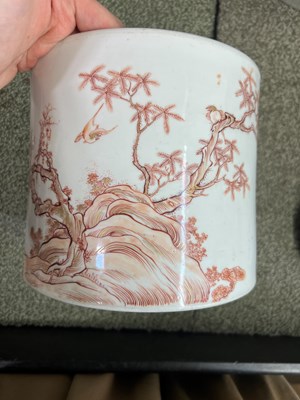 Lot 222 - A Rare Chinese Iron Red and Gilt Decorated Porcelain 'Magpies' Brush Pot, Bitong