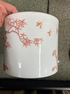 Lot 222 - A Rare Chinese Iron Red and Gilt Decorated Porcelain 'Magpies' Brush Pot, Bitong