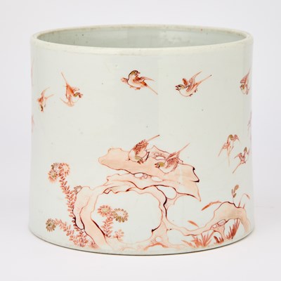 Lot 222 - A Rare Chinese Iron Red and Gilt Decorated Porcelain 'Magpies' Brush Pot, Bitong