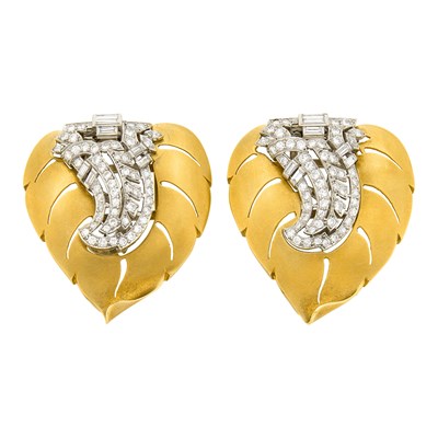 Lot 137 - Platinum and Diamond Double-Clip Brooch with Pair of Gold Leaf Jackets