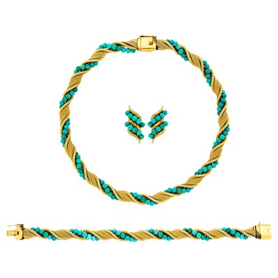 Lot 71 - Gold and Turquoise Bead Twisted Necklace, Bracelet and Pair of Earclips