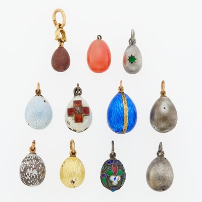 Lot 225 - Group of Eleven Russian Silver, Gold, Hardstone and Enamel Egg Pendants