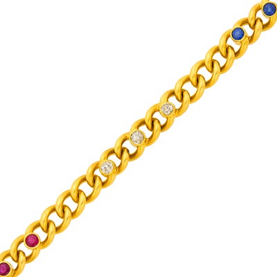 Lot 151 - Antique Gold, Diamond and Colored Stone Oval Link Bracelet