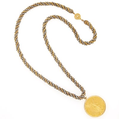 Lot 1261 - Gold '50 Pesos' Coin Pendant with Gilt-Metal Chain