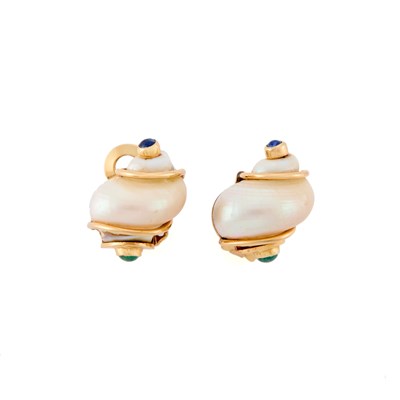 Lot 1018 - Seaman Schepps Pair of Gold, Shell, Green Onyx and Sapphire Earclips