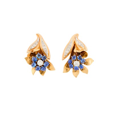 Lot 1171 - Pair of Gold, Diamond and Cabochon Sapphire Flower Earclips