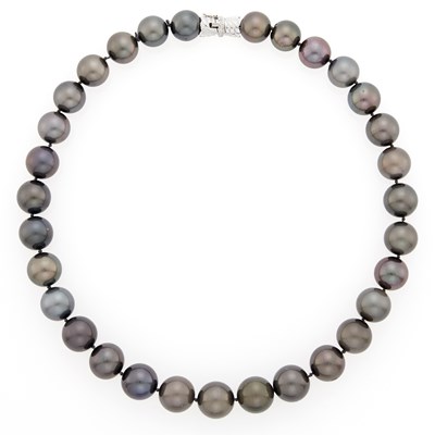 Lot 1107 - Tahitian Grey Cultured Pearl Necklace with White Gold and Diamond Clasp