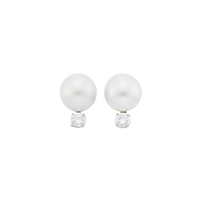 Lot 166 - Pair of White Gold, South Sea Cultured Pearl and Diamond Earclips