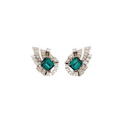 Lot 1115 - Pair of Platinum, Tourmaline and Diamond Earclips
