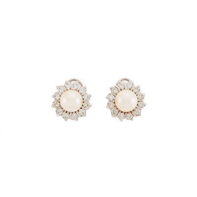 Lot 1150 - Pair of White Gold, Cultured Pearl and Diamond Earclips
