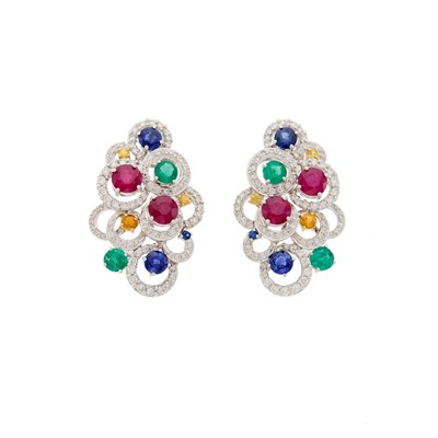 Lot 1121 - Pair of White Gold, Colored Stone and Diamond Earrings