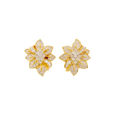 Lot 1085 - Pair of Two-Color Gold and Diamond Flower Earrings