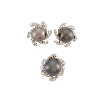 Lot 1156 - Pair of White Gold, Tahitian Gray Cultured Pearl and Diamond Earrings and Ring