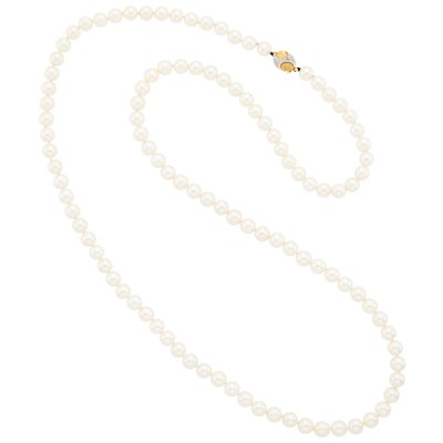 Lot 1246 - Long Cultured Pearl Necklace with Two-Color Gold and Diamond Clasp
