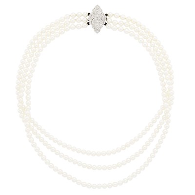 Lot 1149 - Triple Strand Cultured Pearl Necklace with White Gold and Diamond Clasp