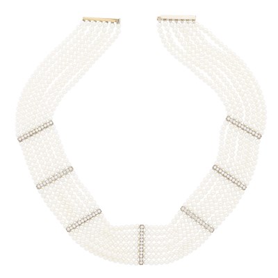 Lot 1134 - Multistrand Cultured Pearl, White Gold and Diamond Choker Necklace