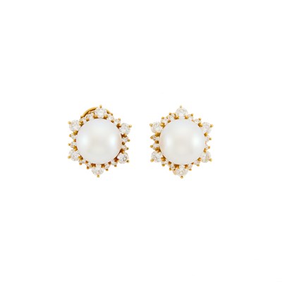 Lot 1078 - Pair of Gold, South Sea Cultured Pearl and Diamond Earclips