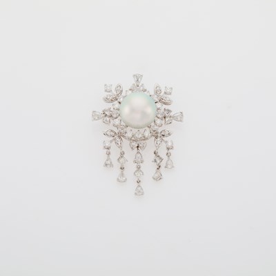 Lot 1146 - White Gold, South Sea Cultured Pearl and Diamond Brooch