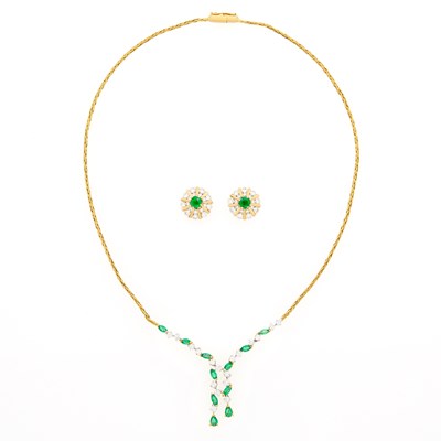 Lot 1062 - Gold, Emerald and Diamond Necklace and Pair of Emerald Stud Earrings with Diamond Earring Jackets