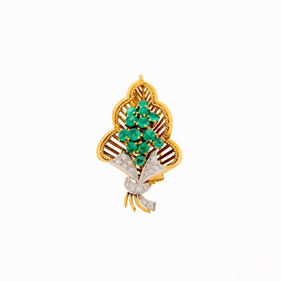 Lot 1082 - Two-Color Gold, Cabochon Emerald and Diamond Clip-Brooch
