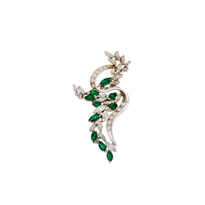 Lot 1126 - White Gold, Diamond and Emerald Ribbon Brooch