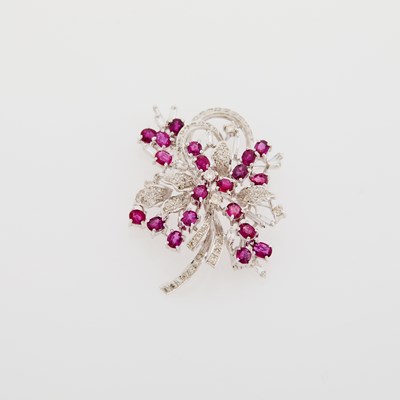 Lot 1238 - Low Karat White Gold, Ruby and Diamond Brooch